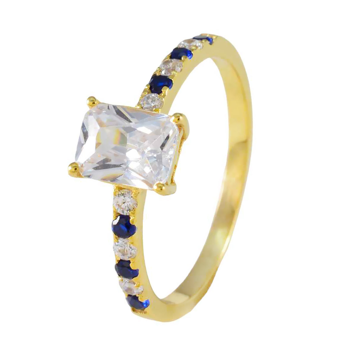 Riyo Indian Silver Ring With Yellow Gold Plating Blue Sapphire CZ Stone Octagon Shape Prong Setting Stylish Jewelry Halloween Ring