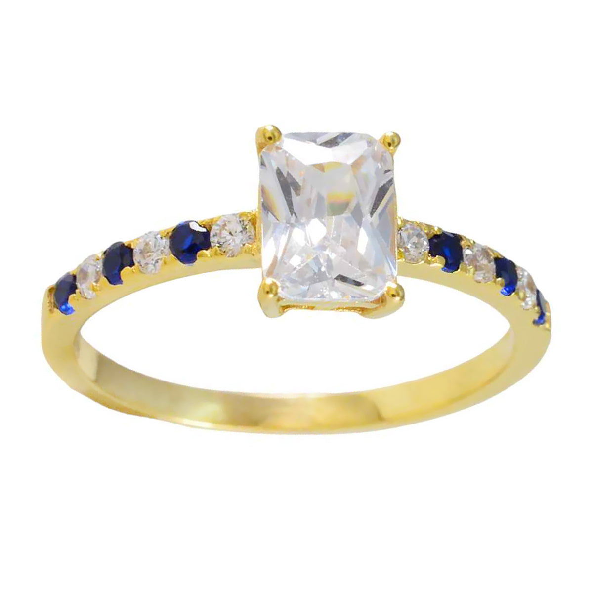 Riyo Indischer Silberring mit gelber Vergoldung, blauer Saphir, CZ-Stein, achteckige Krappenfassung, stilvoller Schmuck, Halloween-Ring