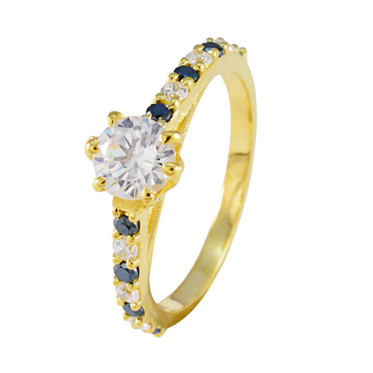 Riyo Jaipur Silver Ring With Yellow Gold Plating Blue Sapphire CZ Stone Round Shape Prong Setting Fashion Jewelry Mothers Day Ring