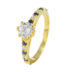 Riyo Jaipur Silver Ring With Yellow Gold Plating Blue Sapphire CZ Stone Round Shape Prong Setting Fashion Jewelry Mothers Day Ring