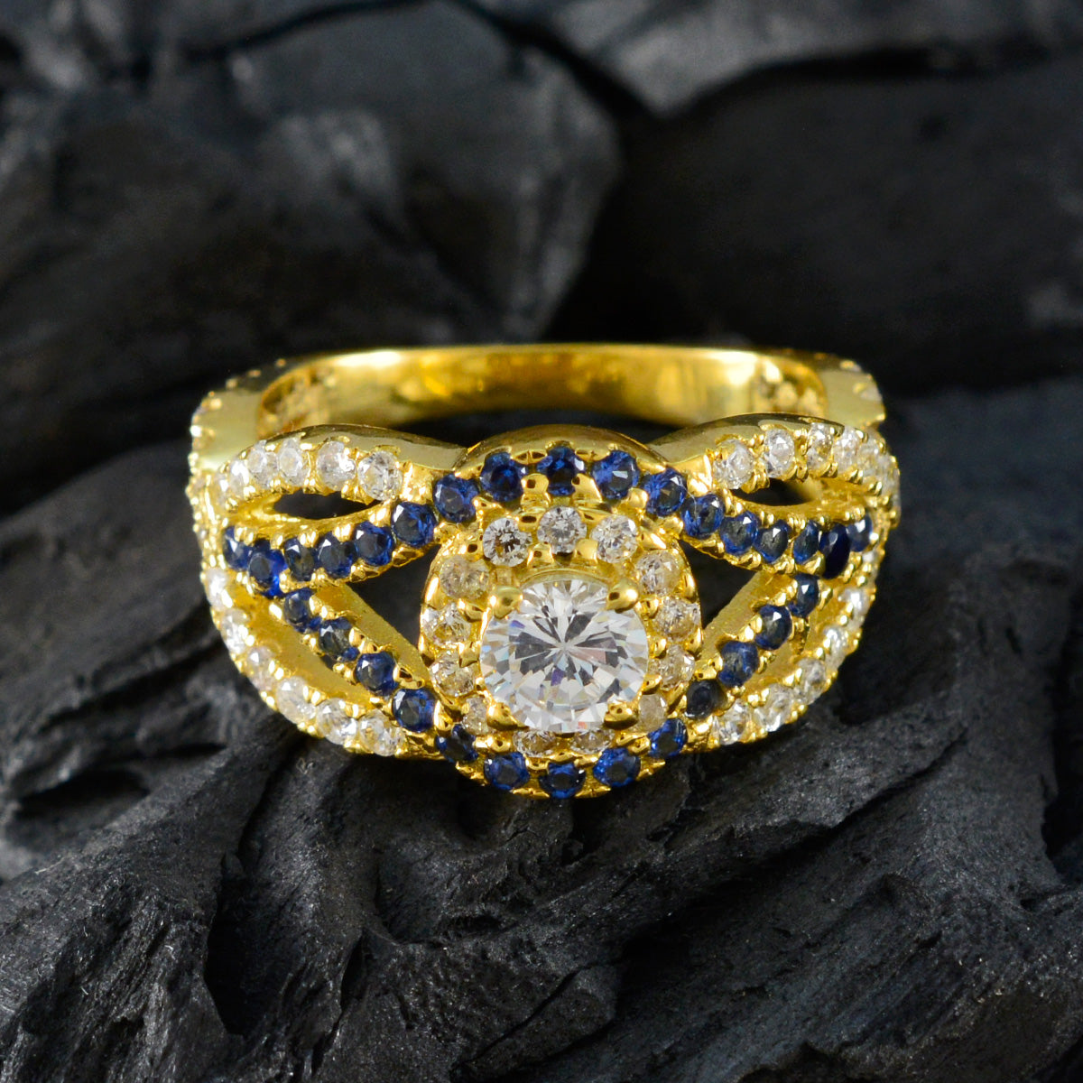 riyo smycken silverring med gul guldplätering blå safir cz sten rund form utstickande designsmycken nyårsring