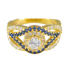 Ювелирные изделия riyo, серебряное кольцо с покрытием из желтого золота, синий сапфир, камень cz, круглая форма, закрепка зубца, дизайнерские украшения, новогоднее кольцо