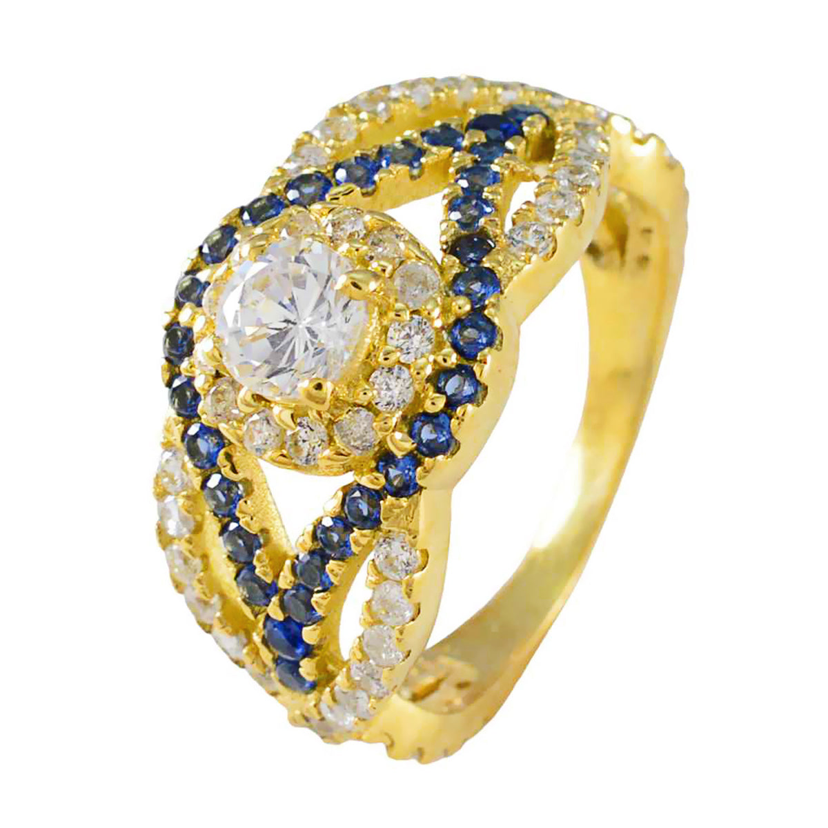 Riyo Jewelry Silver Ring With Yellow Gold Plating Blue Sapphire CZ Stone Round Shape Prong Setting Designer Jewelry New Year Ring
