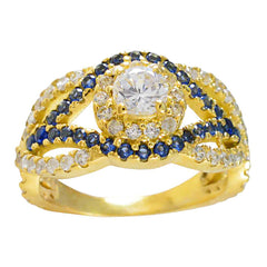Riyo Jewelry Silver Ring With Yellow Gold Plating Blue Sapphire CZ Stone Round Shape Prong Setting Designer Jewelry New Year Ring