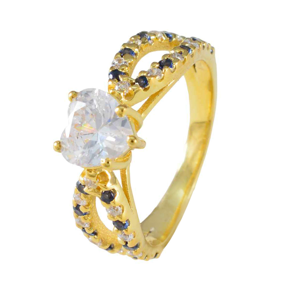 riyo storskalig silverring med gul guldplätering blå safir cz sten hjärta form utsprång inställning smycken tacksägelse ring