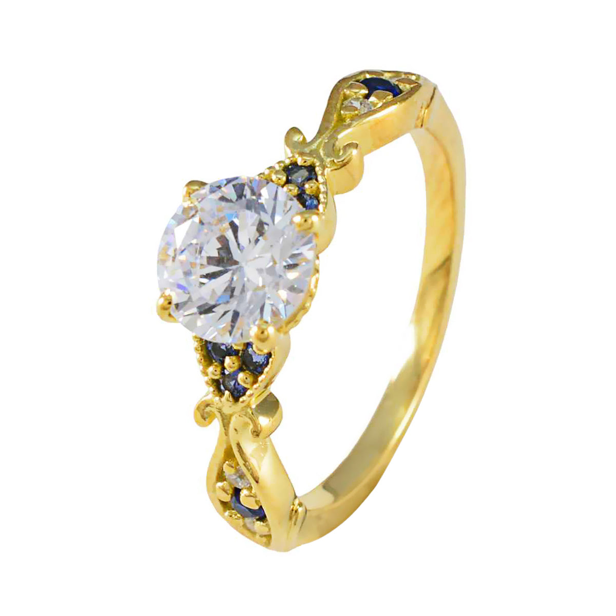 riyo amabile anello in argento con placcatura in oro giallo zaffiro blu pietra cz a forma rotonda con montatura a punta gioielli antichi anello di San Valentino