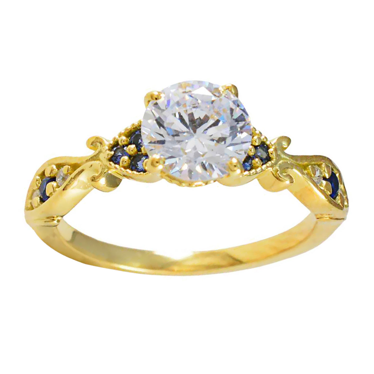 Riyo Lovable Silver Ring With Yellow Gold Plating Blue Sapphire CZ Stone Round Shape Prong Setting Antique Jewelry Valentines Day Ring