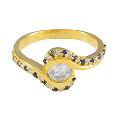 Riyo Manufacturer Silver Ring With Yellow Gold Plating Blue Sapphire CZ Stone Round Shape Bezel Setting Bridal Jewelry Wedding Ring