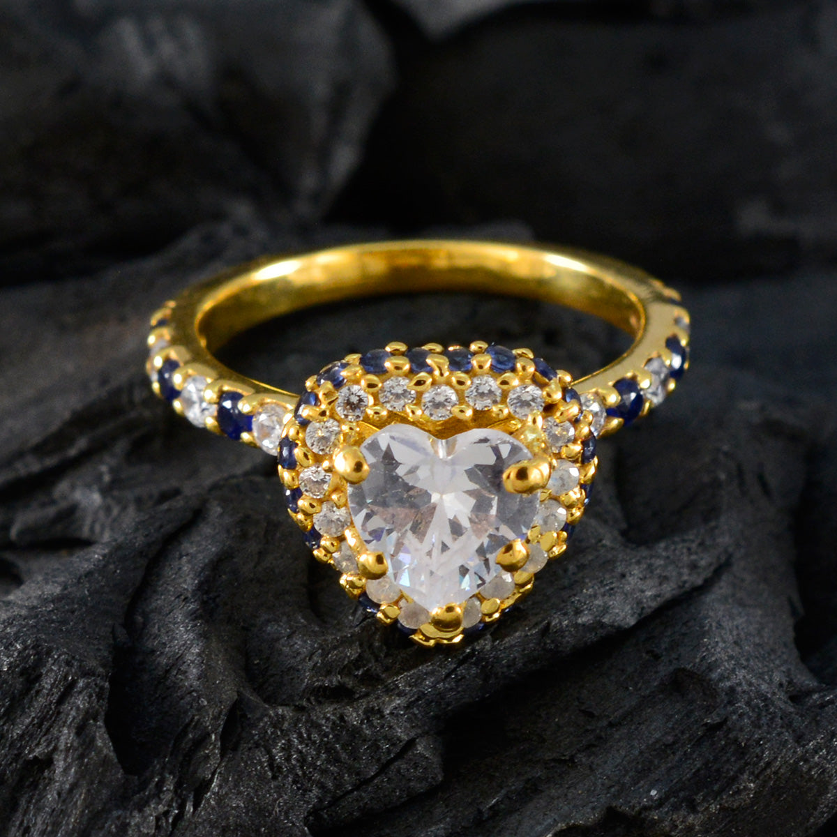 Серебряное кольцо riyo для взрослых с покрытием из желтого золота, синий сапфир с камнем cz в форме сердца, установка зубца, ювелирное изделие ручной работы, юбилейное кольцо