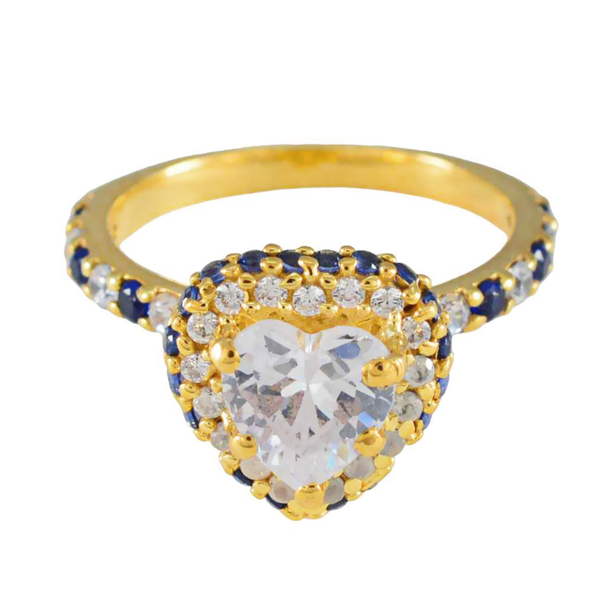 Riyo Mature Silver Ring With Yellow Gold Plating Blue Sapphire CZ Stone Heart Shape Prong Setting Handamde Jewelry Anniversary Ring