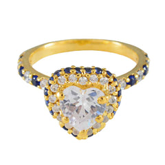 Ring aus reifem Riyo-Silber mit gelber Vergoldung, blauer Saphir, CZ-Stein, herzförmige Krappenfassung, handgefertigter Schmuck, Jubiläumsring