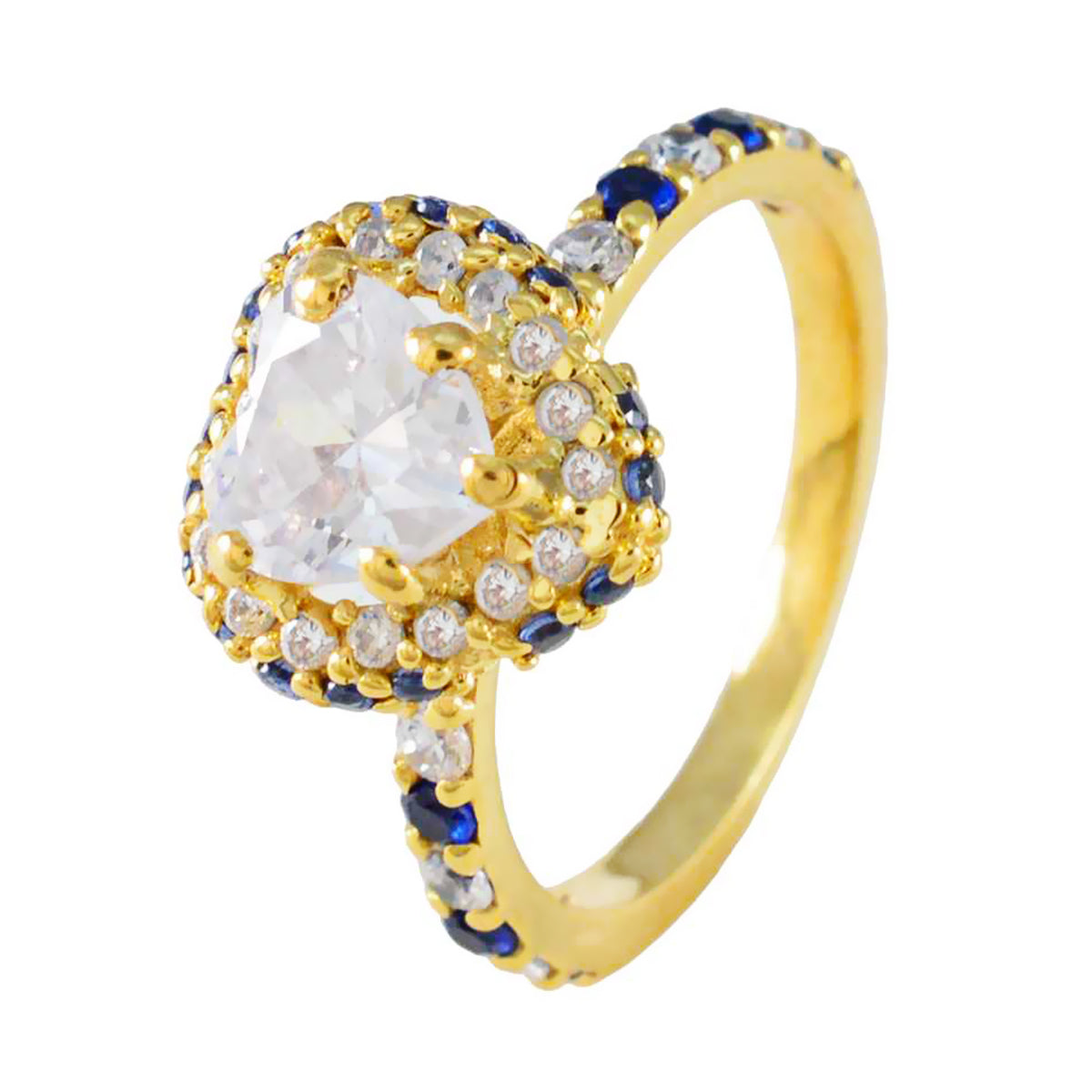 Ring aus reifem Riyo-Silber mit gelber Vergoldung, blauer Saphir, CZ-Stein, herzförmige Krappenfassung, handgefertigter Schmuck, Jubiläumsring