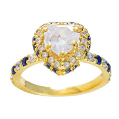 Riyo Mature Silver Ring With Yellow Gold Plating Blue Sapphire CZ Stone Heart Shape Prong Setting Handamde Jewelry Anniversary Ring