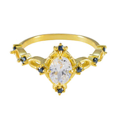 Riyo algehele zilveren ring met geel goud beplating blauwe saffier CZ steen markiezin vorm Prong setting aangepaste sieraden verjaardagsring