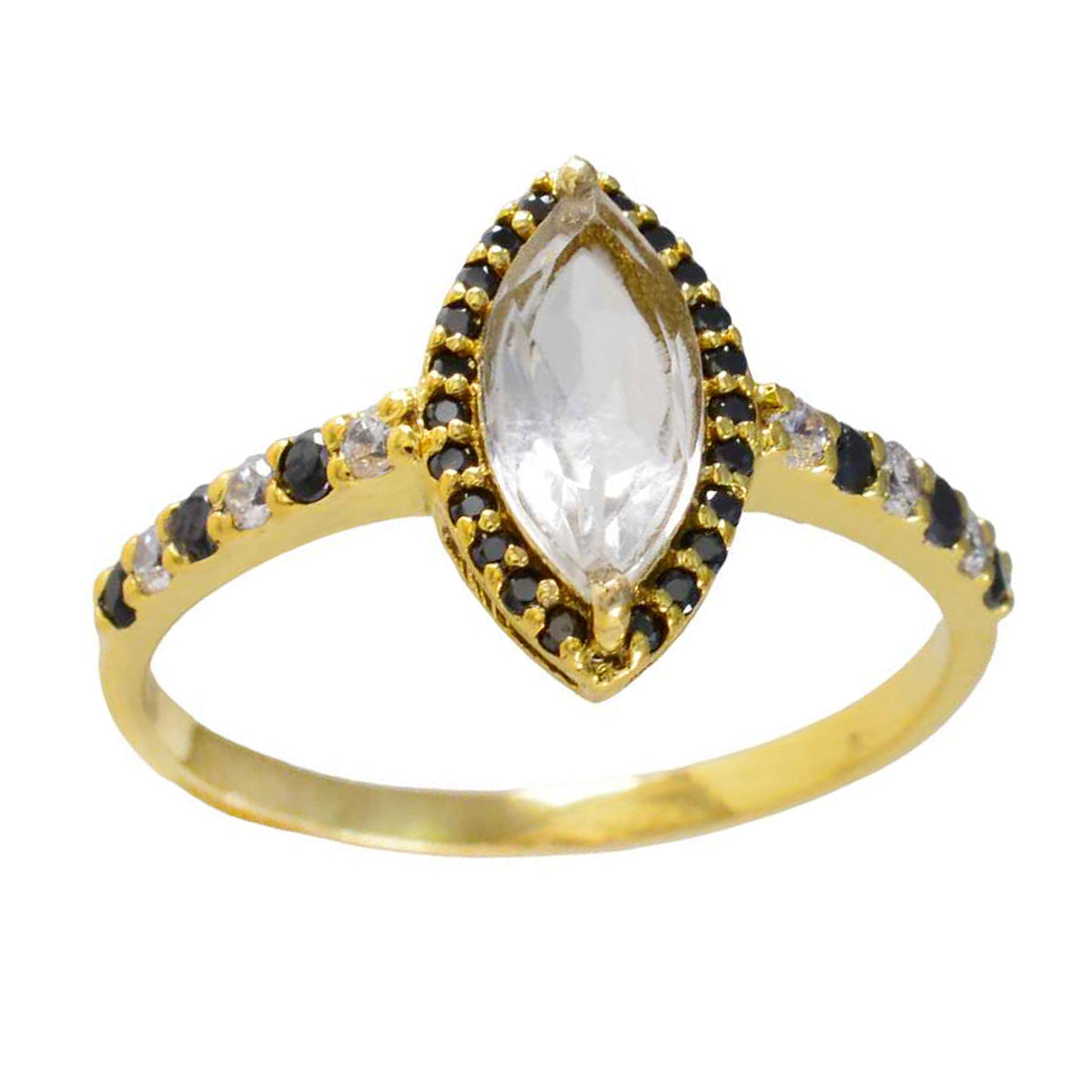 Anillo de plata cuantitativo riyo con chapado en oro amarillo, piedra de zafiro azul, forma de marquesa, ajuste de punta, joyería de diseñador, anillo de cóctel