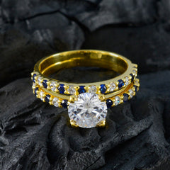 Anillo de plata raro riyo con chapado en oro amarillo, piedra de zafiro azul, forma redonda, joyería con ajuste de punta, anillo de Pascua