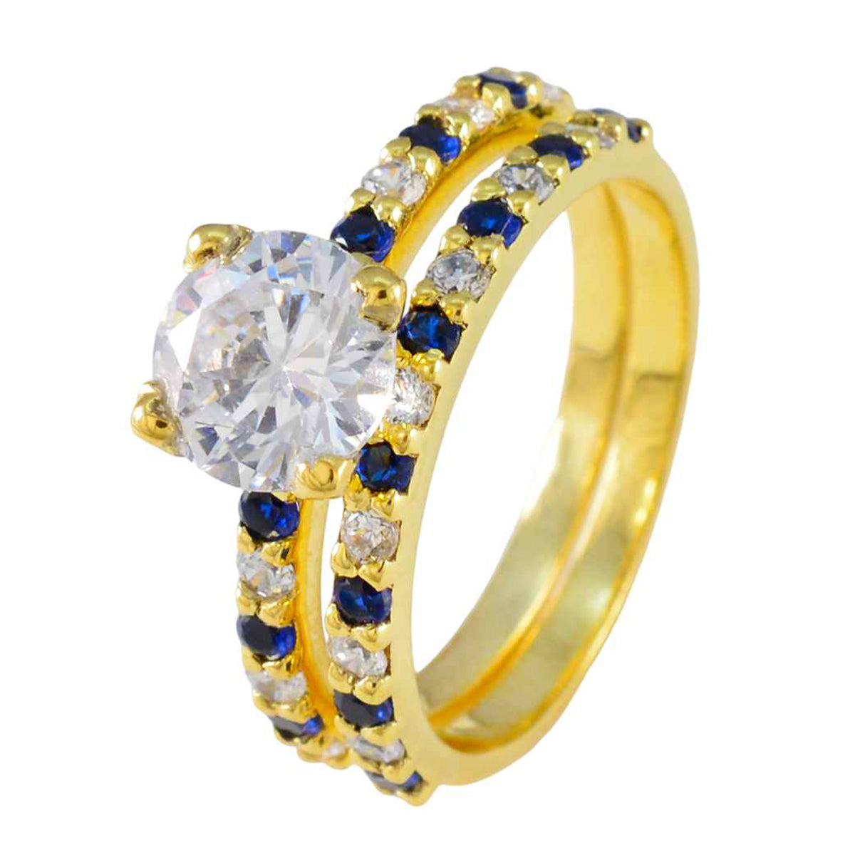 Riyo Rare Silver Ring With Yellow Gold Plating Blue Sapphire Stone Round Shape Prong Setting  Jewelry Easter Ring