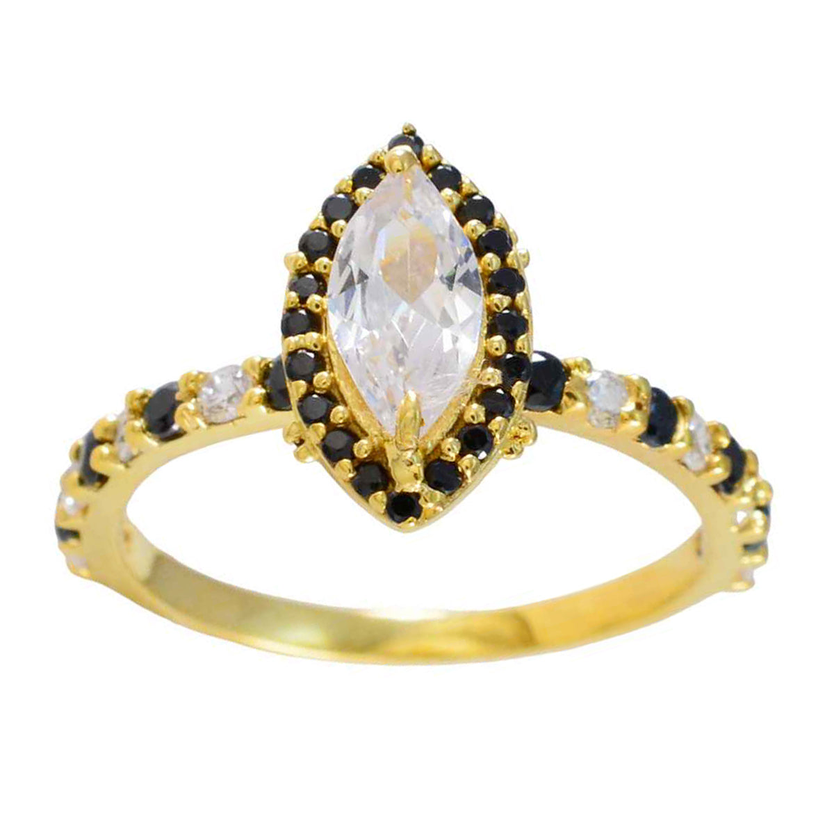 Anillo de plata magnífico riyo con chapado en oro amarillo, piedra de zafiro azul, ajuste de punta en forma de marquesa, anillo de compromiso de joyería antigua