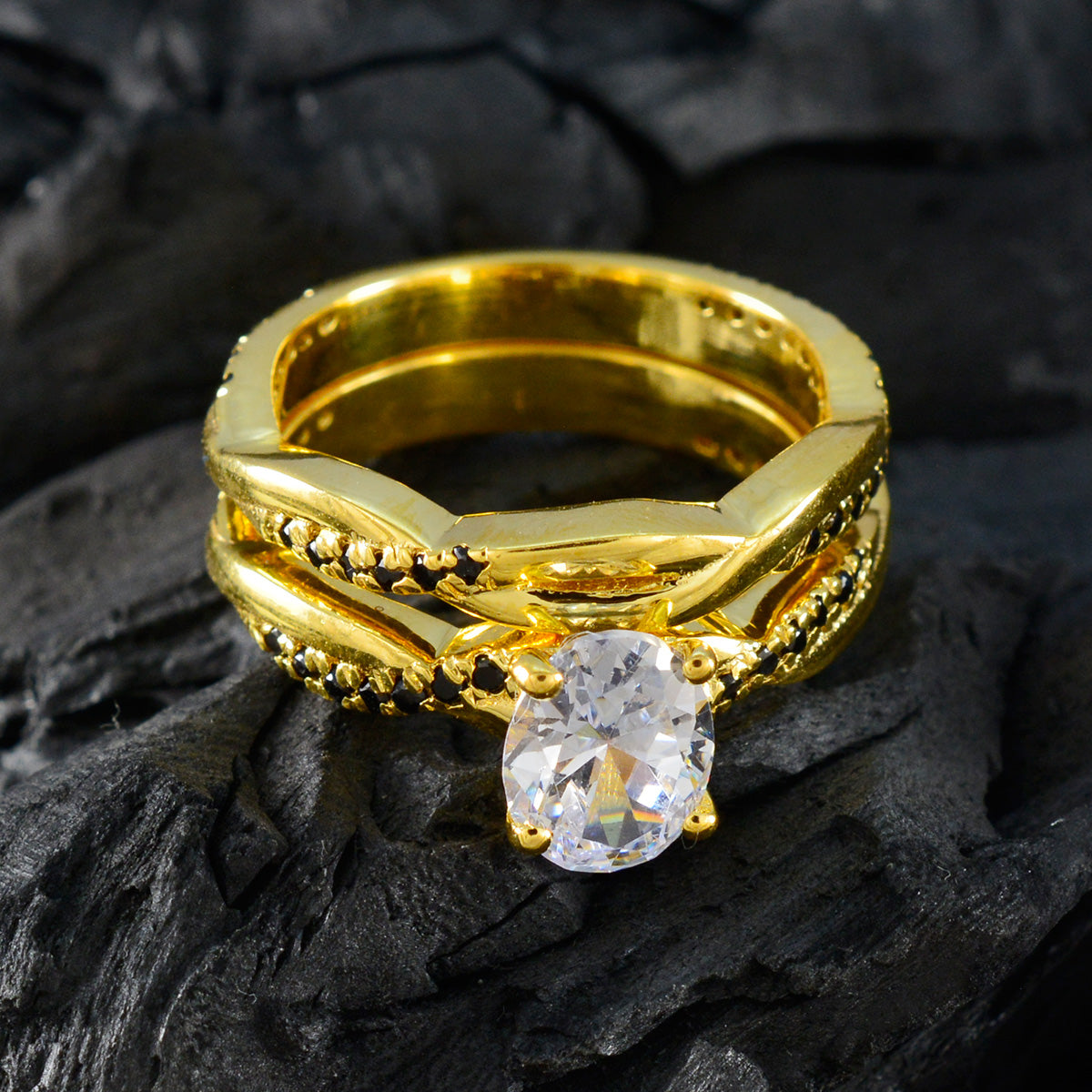 riyo suppiler silverring med gul guldplätering blå safirsten oval form stiftinställning brudsmycken fars dag ring