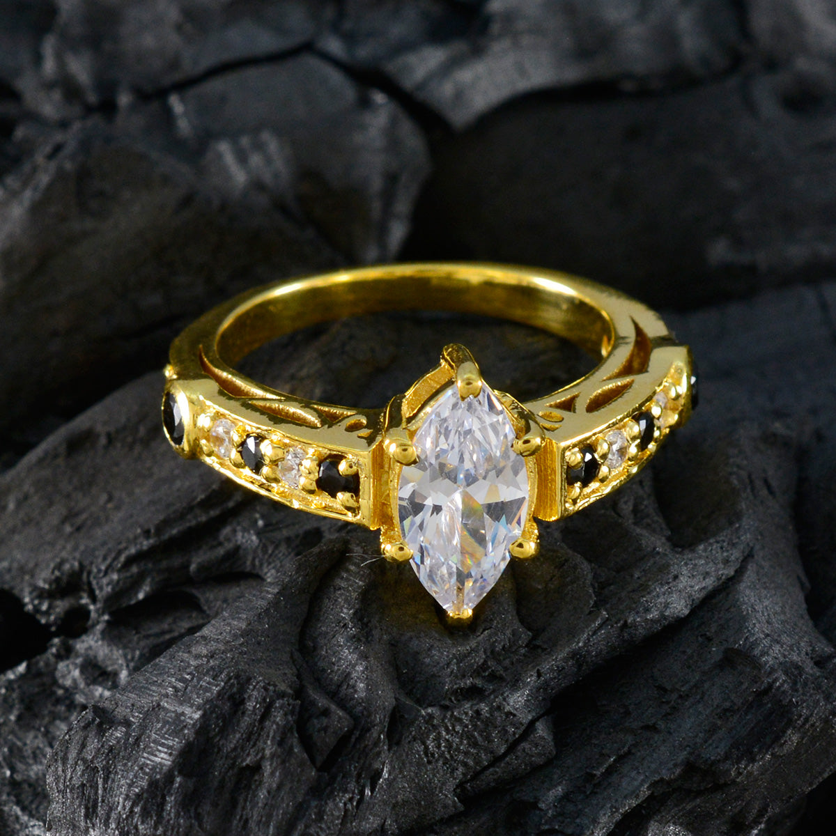 Riyo Supplies Silver Ring With Yellow Gold Plating Blue Sapphire Stone Marquise Shape Prong Setting Handamde Jewelry Graduation Ring