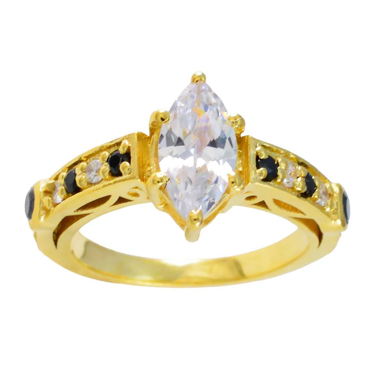 Riyo Supplies Silver Ring With Yellow Gold Plating Blue Sapphire Stone Marquise Shape Prong Setting Handamde Jewelry Graduation Ring