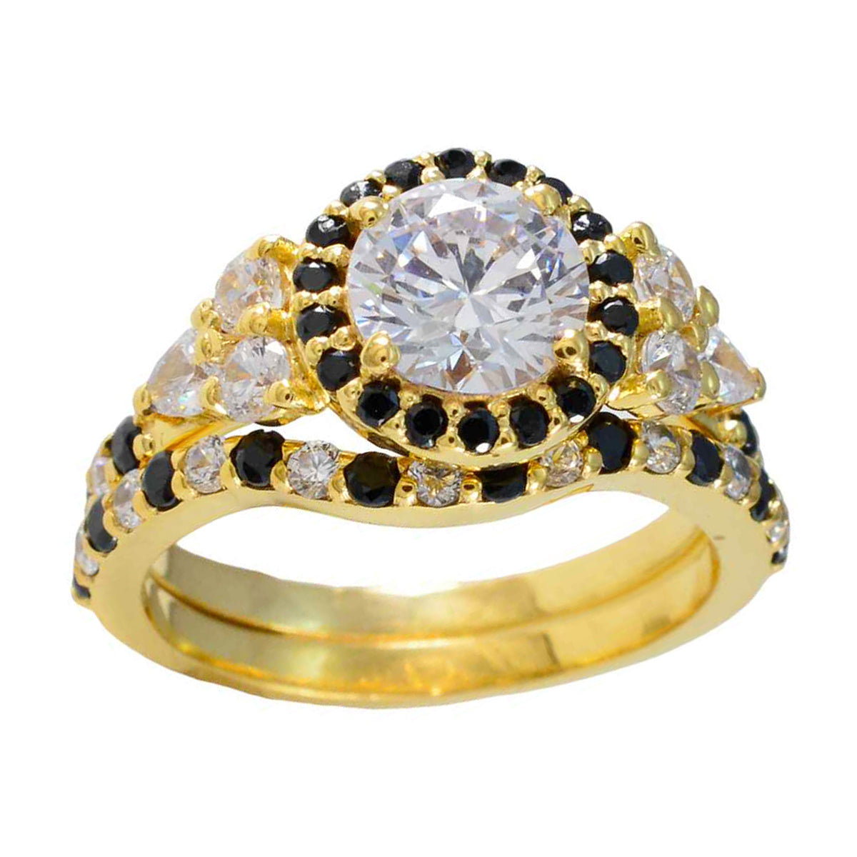Anillo de plata total riyo con chapado en oro amarillo, piedra de zafiro azul, ajuste de punta redonda, joyería elegante, anillo para el día de la madre