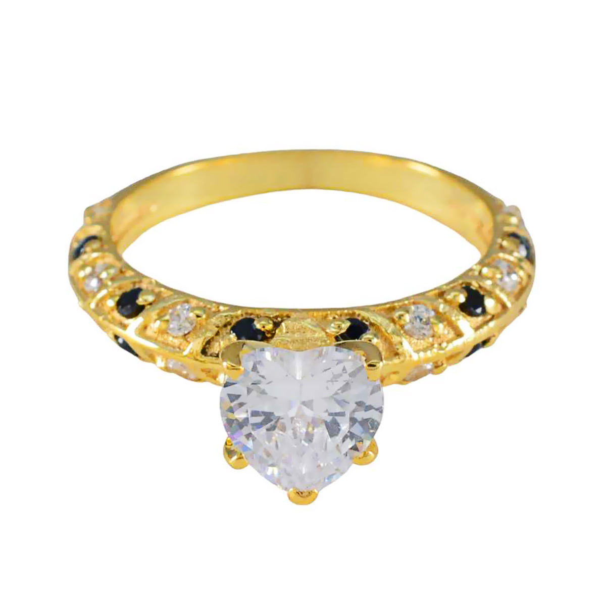 anello vintage in argento riyo con placcatura in oro giallo con pietra di zaffiro blu a forma di cuore con montatura a punta, anello di gioielli di moda per l'anno nuovo