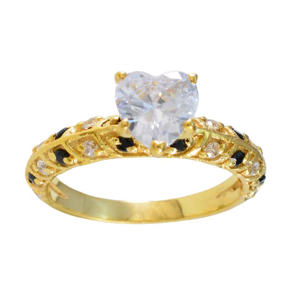 Anillo de plata vintage riyo con chapado en oro amarillo, piedra de zafiro azul, ajuste de punta en forma de corazón, joyería de moda, anillo de Año Nuevo