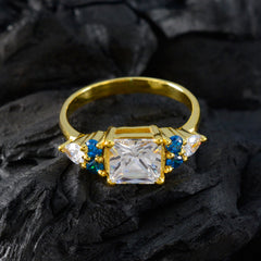 riyo förtjusande silverring med gul guldplätering blå topas cz sten fyrkantig form stift inställning smycken alla hjärtans dag ring