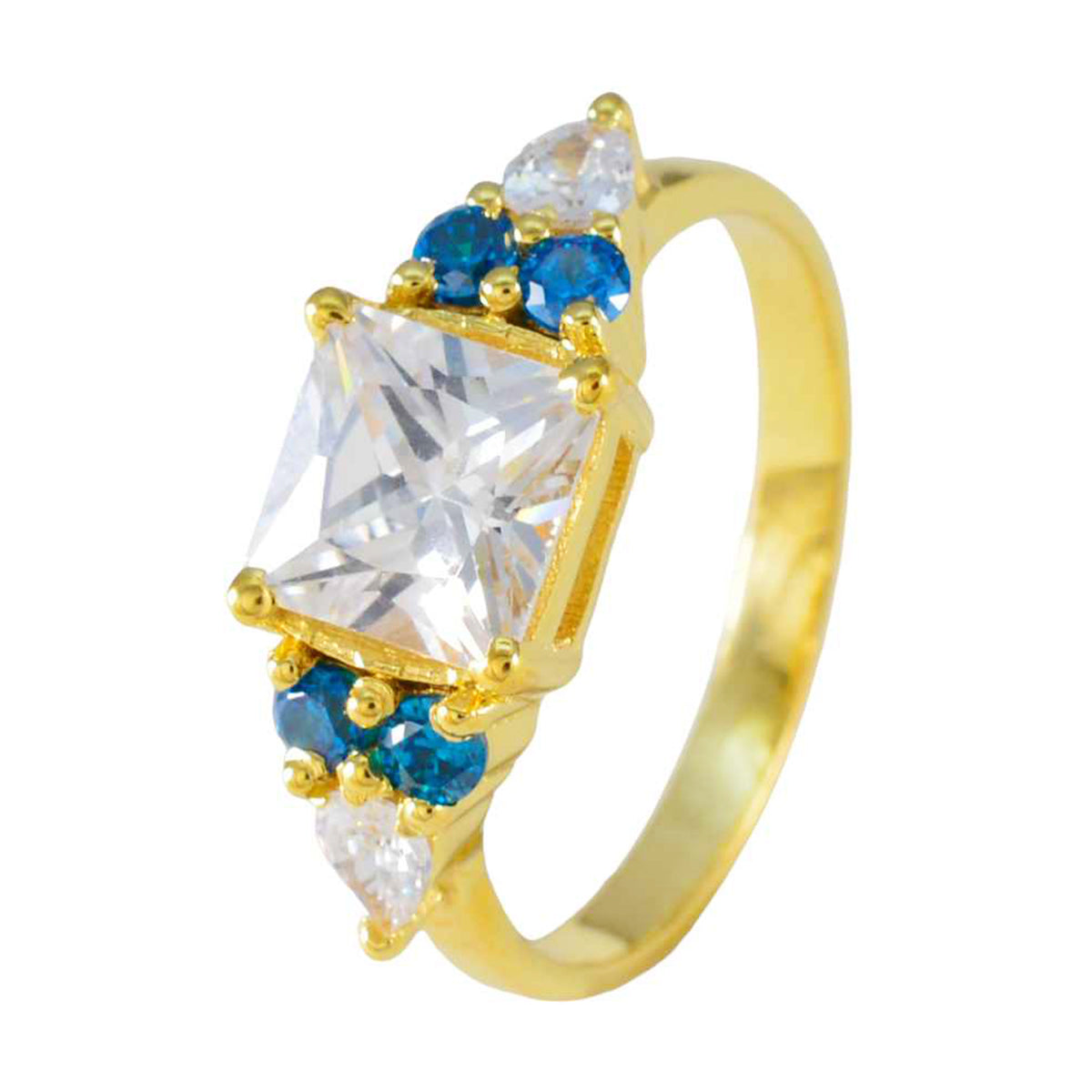 riyo förtjusande silverring med gul guldplätering blå topas cz sten fyrkantig form stift inställning smycken alla hjärtans dag ring
