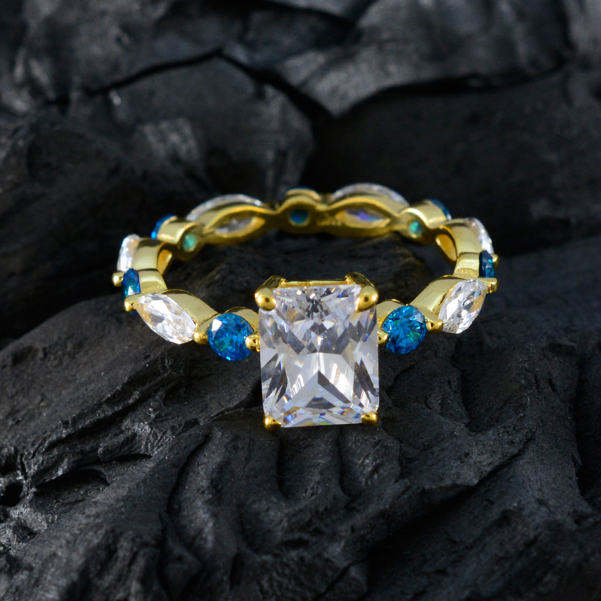 Антикварное серебряное кольцо riyo с покрытием из желтого золота, синий топаз, камень cz, восьмиугольная закрепка, старинное ювелирное изделие, обручальное кольцо