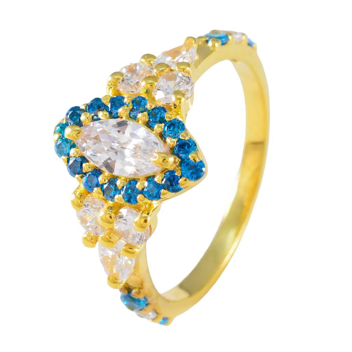 Riyo Attractive Silver Ring With Yellow Gold Plating Blue Topaz CZ Stone Marquise Shape Prong Setting Bridal Jewelry Anniversary Ring