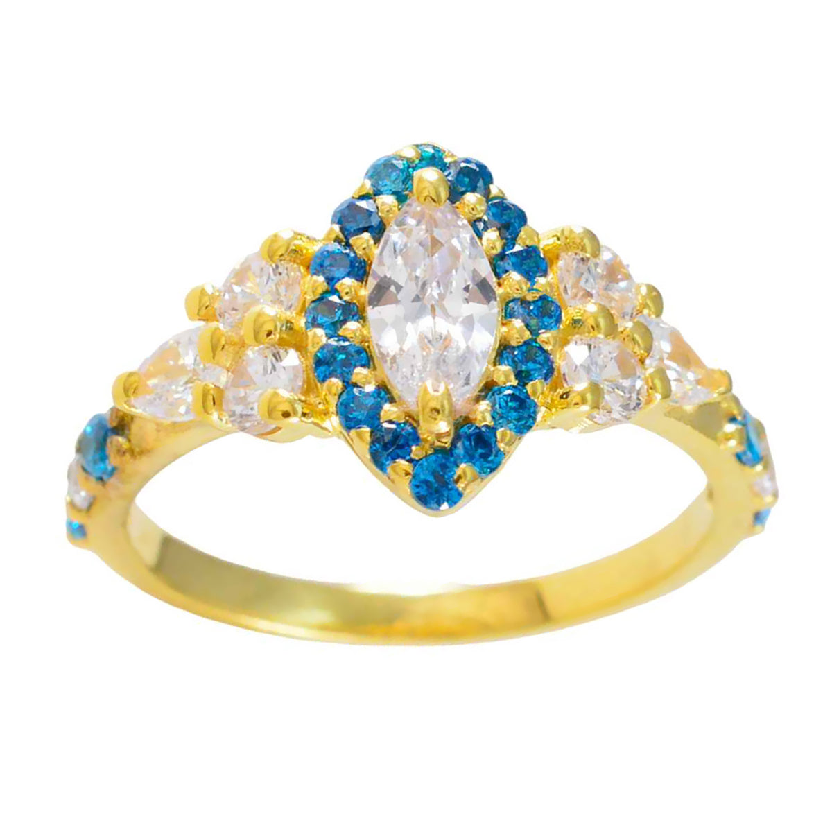 Riyo Attractive Silver Ring With Yellow Gold Plating Blue Topaz CZ Stone Marquise Shape Prong Setting Bridal Jewelry Anniversary Ring