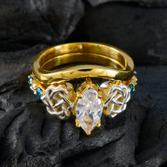 riyo vacker silverring med gul guldplätering blå topas cz sten markis form uttag inställning handamde smycken födelsedagsring
