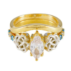 Hermoso anillo de plata riyo con chapado en oro amarillo, topacio azul, piedra cz, forma de marquesa, ajuste de punta, joyería hecha a mano, anillo de cumpleaños