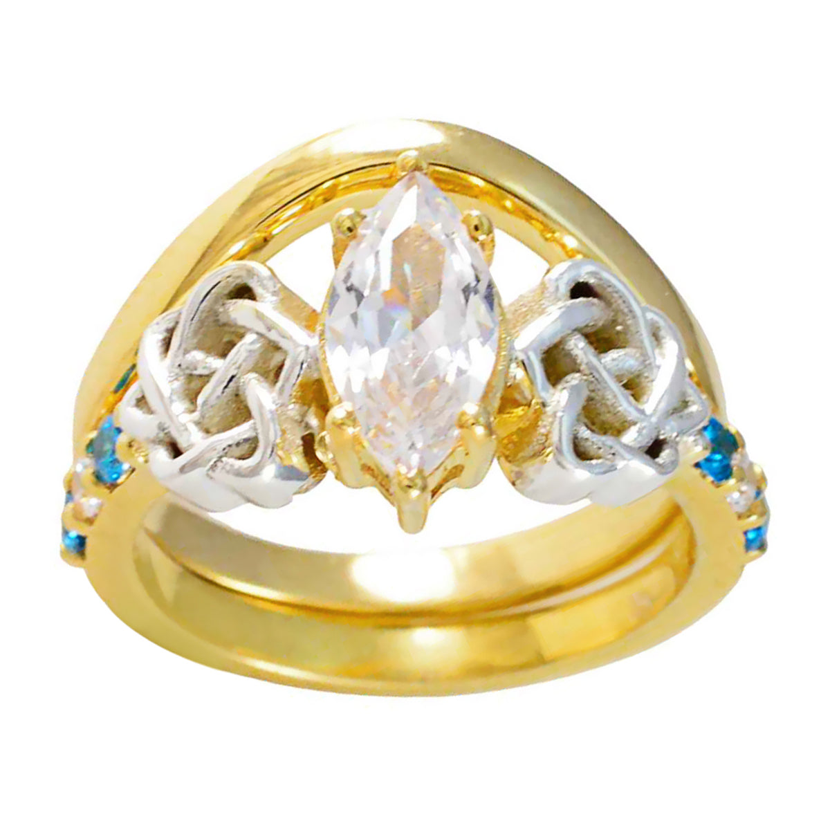 Riyo Beautiful Silver Ring With Yellow Gold Plating Blue Topaz CZ Stone Marquise Shape Prong Setting Handamde Jewelry Birthday Ring