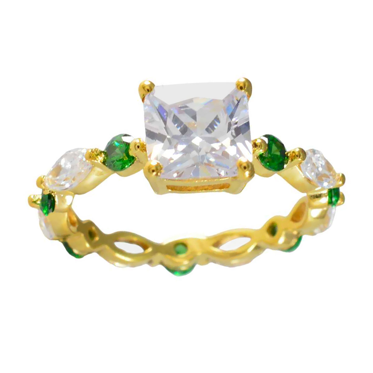 Anillo de plata riyo Choice con chapado en oro amarillo, piedra de circonia cúbica esmeralda, ajuste de punta cuadrada, joyería de diseño, anillo de Pascua