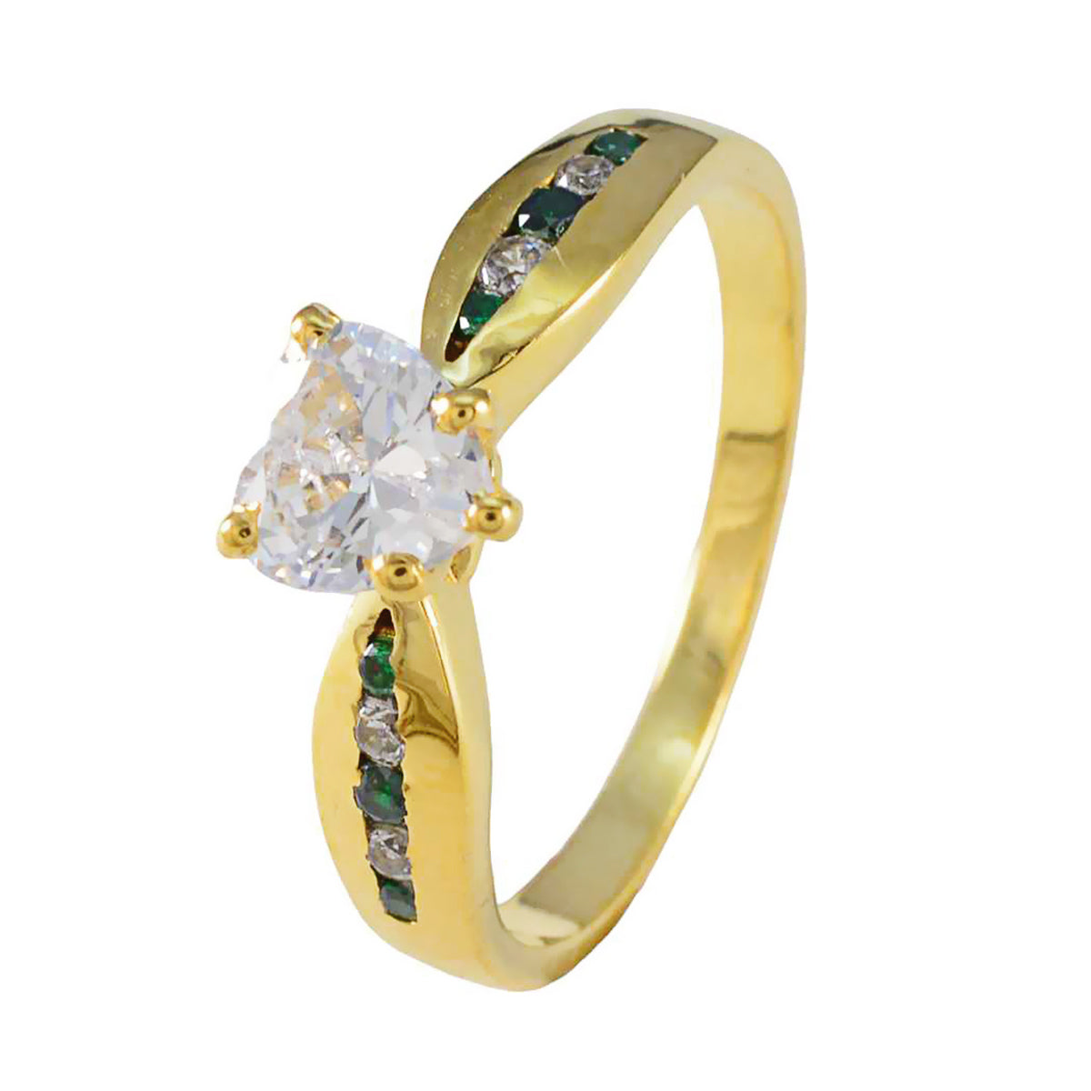 Riyo Klassischer Silberring mit gelber Vergoldung, Smaragd-CZ-Stein, herzförmige Krappenfassung, Schmuck, Verlobungsring