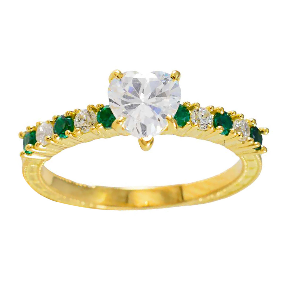Riyo Kompletter Silberring mit gelber Vergoldung, Smaragd-CZ-Stein, herzförmige Krappenfassung, antiker Schmuck, Vatertagsring