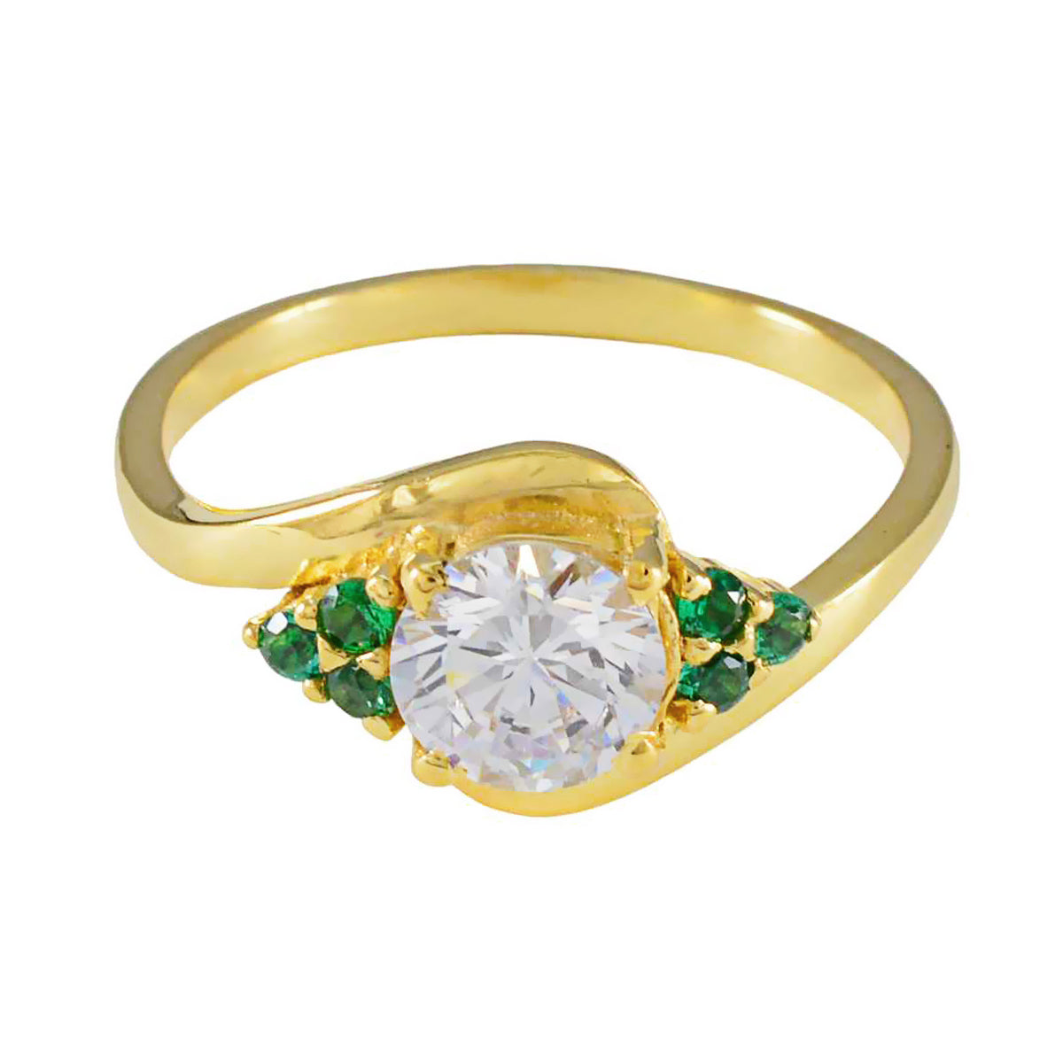 Riyo Custom Silver Ring With Yellow Gold Plating Emerald CZ Stone Round Shape Prong Setting Bridal Jewelry Graduation Ring
