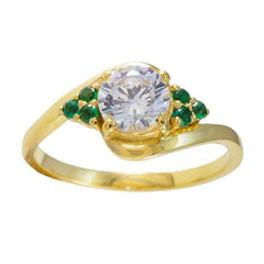 Riyo Custom Silver Ring With Yellow Gold Plating Emerald CZ Stone Round Shape Prong Setting Bridal Jewelry Graduation Ring