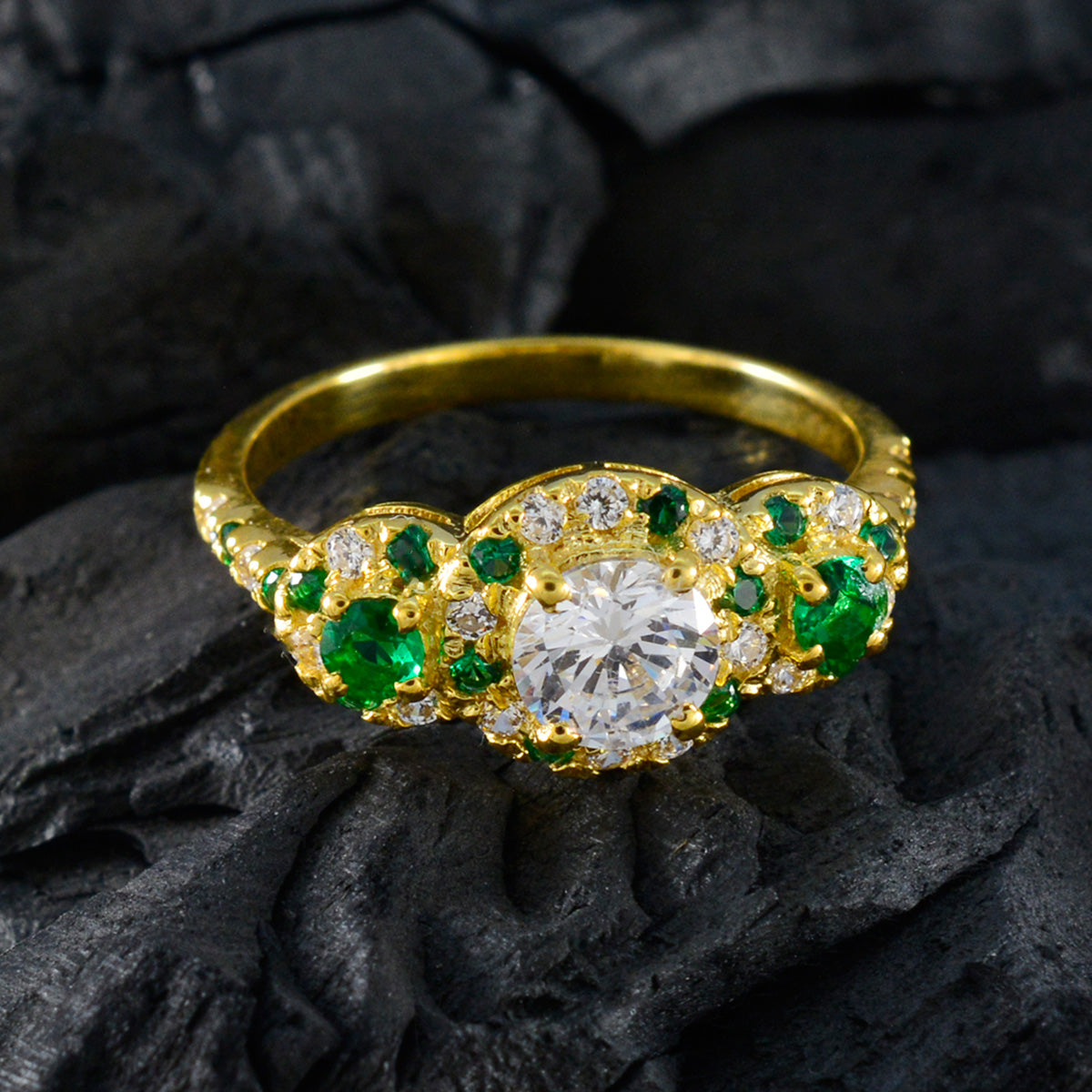 Riyo Oogverblindende zilveren ring met geelgouden smaragdgroene CZ-steen ronde vorm Prong-instelling Handamde sieraden Halloween-ring