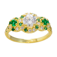 Riyo Dazzling Silver Ring With Yellow Gold Plating Emerald CZ Stone Round Shape Prong Setting Handamde Jewelry Halloween Ring
