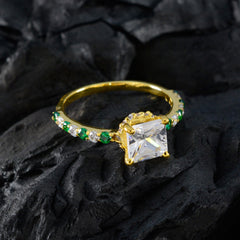 Riyo Eleganter Silberring mit gelber Vergoldung, Smaragd-CZ-Stein, quadratische Form, Krappenfassung, Modeschmuck, Thanksgiving-Ring