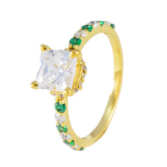 Riyo Eleganter Silberring mit gelber Vergoldung, Smaragd-CZ-Stein, quadratische Form, Krappenfassung, Modeschmuck, Thanksgiving-Ring