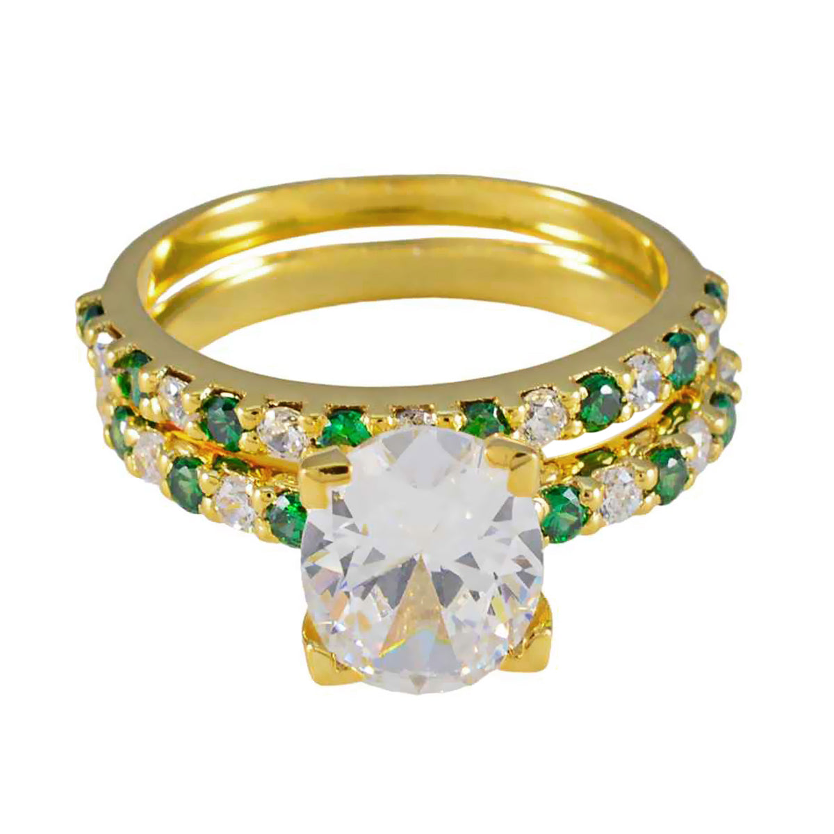 Riyo Excellent Silver Ring With Yellow Gold Plating Emerald CZ Stone Oval Shape Prong Setting Designer Jewelry Valentines Day Ring