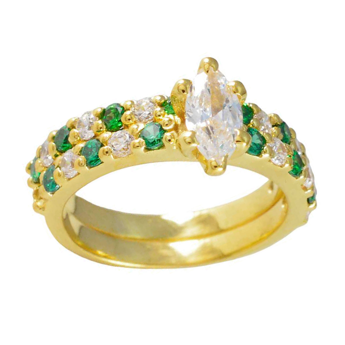 Excelente anillo de plata riyo con chapado en oro amarillo, esmeralda, piedra cz, forma de marquesa, ajuste de punta, joyería, anillo de boda