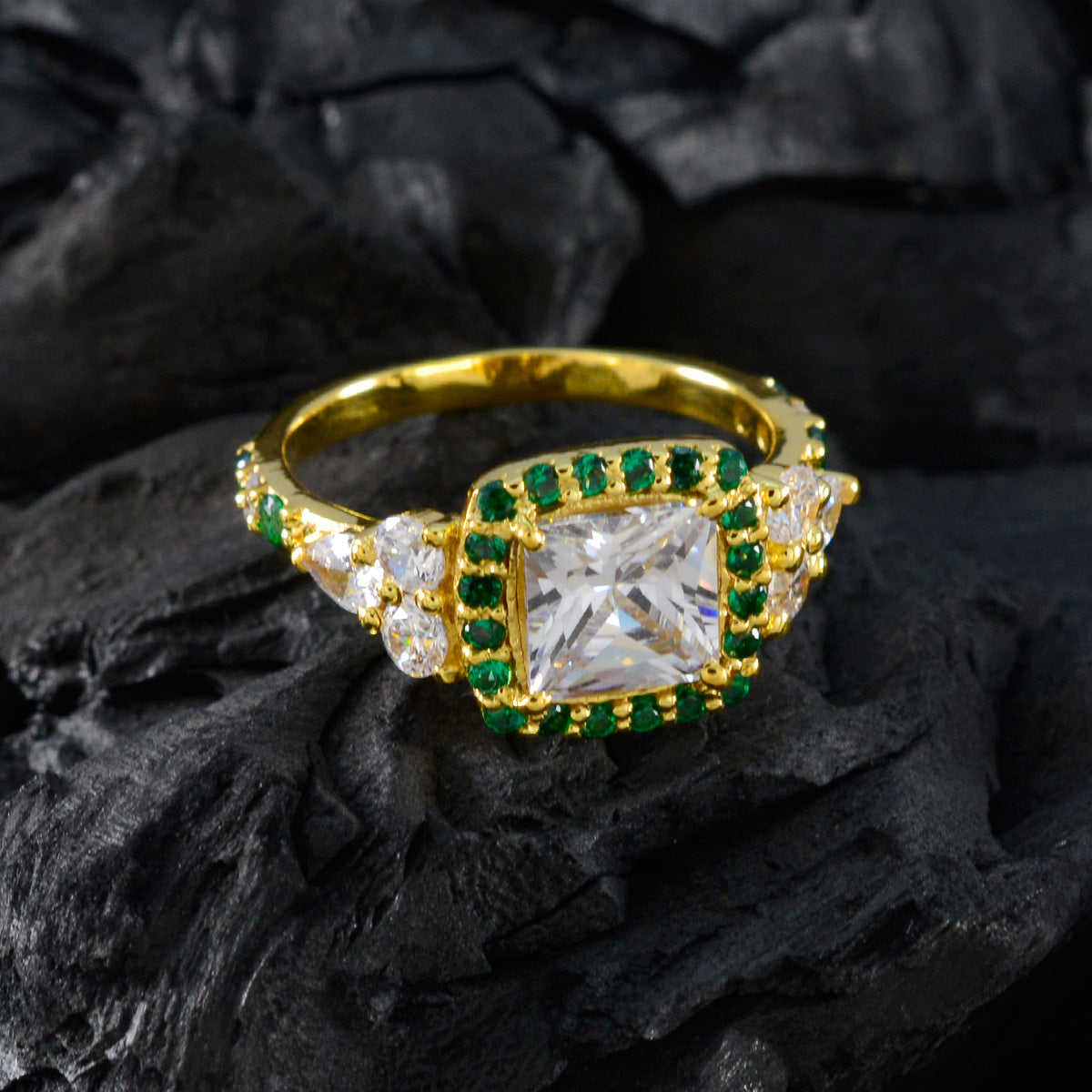riyo exportör silverring med gult guldplätering smaragd cz sten fyrkantig form uttagsinställning antika smycken jubileumsring