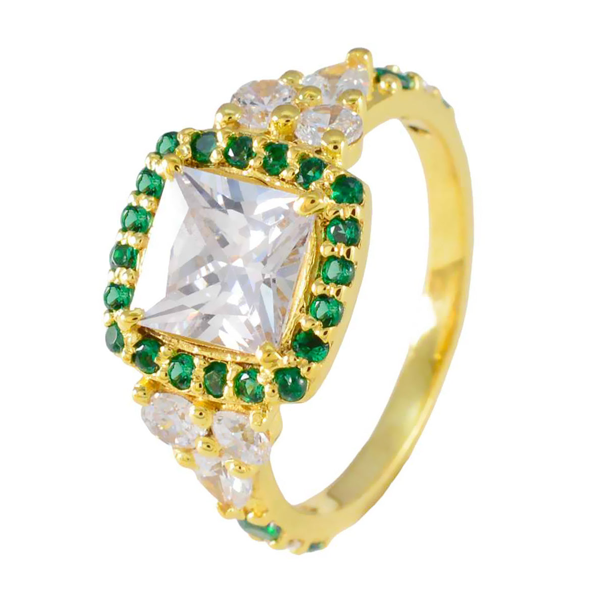 Riyo Exporteur Zilveren Ring Met Geel Goud Plating Smaragd CZ Steen Vierkante Vorm Prong Setting Antieke Sieraden Verjaardag Ring