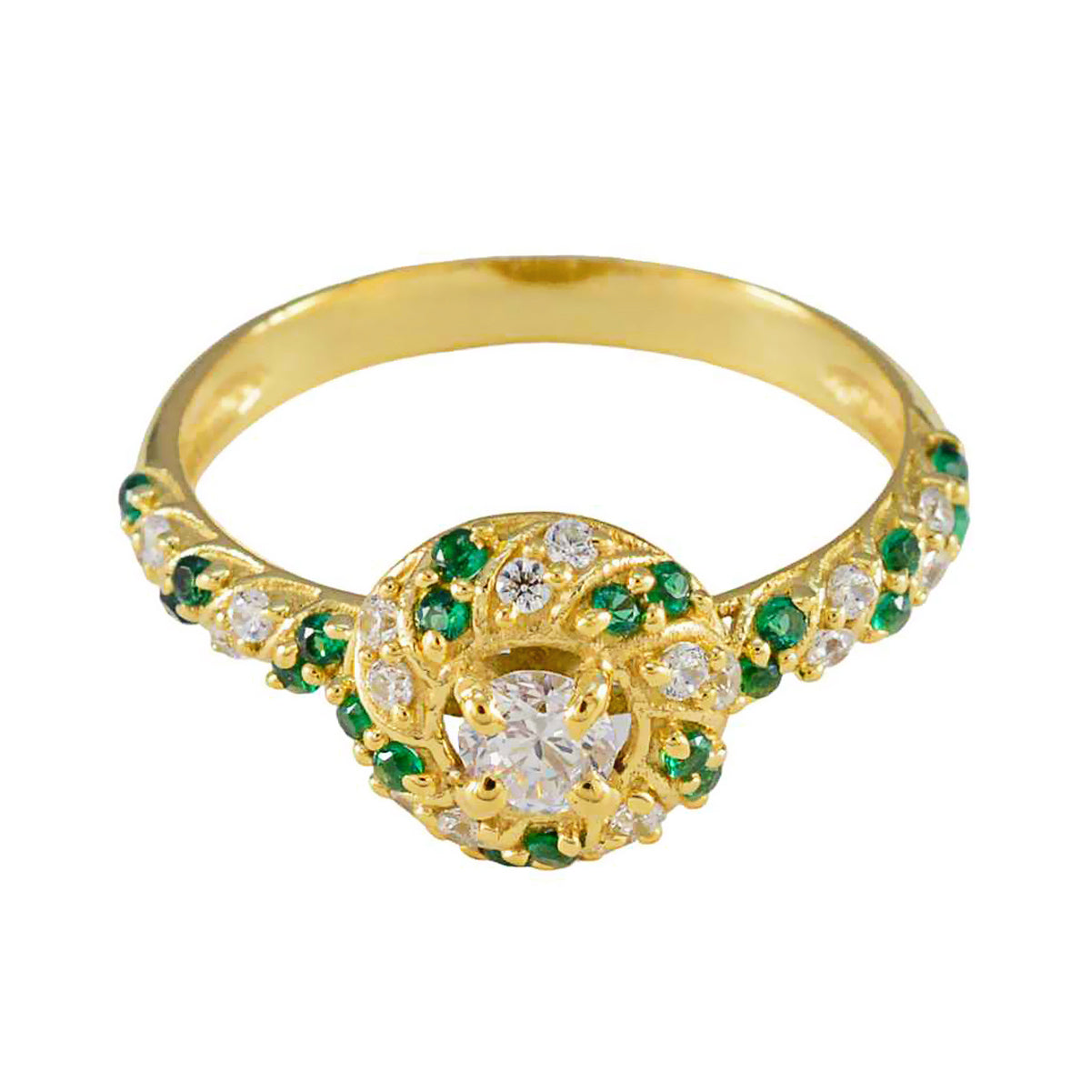 Riyo Extensive Silver Ring With Yellow Gold Plating Emerald CZ Stone Round Shape Prong Setting Bridal Jewelry Birthday Ring